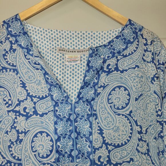 Gretchen Scott Tunic Size Medium Blue White Print White Embroidery Trim - Picture 3 of 5